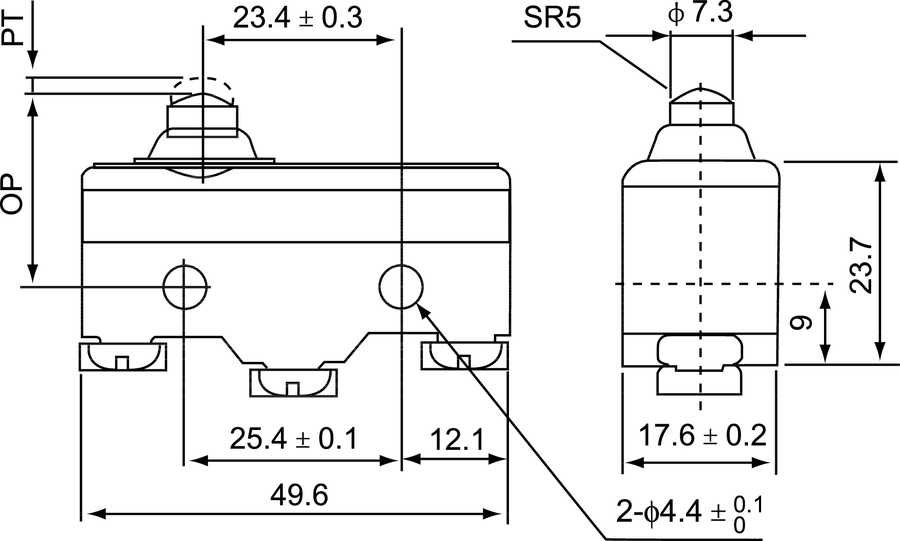 MS\1306 Мини-выключатель плунжер подпружиненный короткий - Размеры